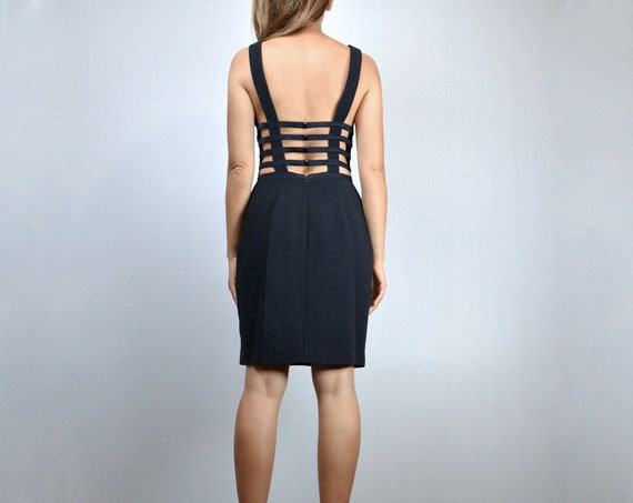 90s Black Strappy Caged Cocktail Dress - Extra Sm… - image 3