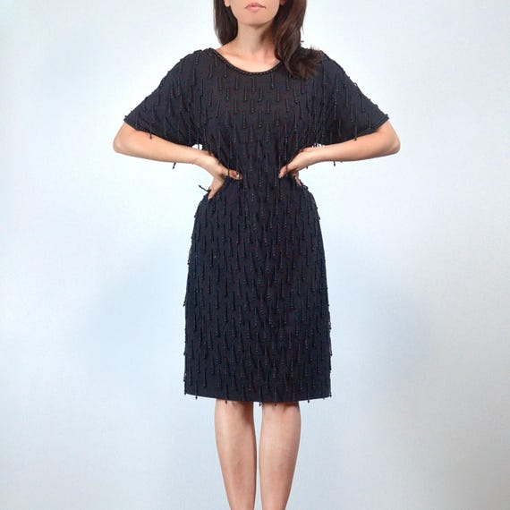 Vintage Black Beaded Tassel Short Sleeved Cocktail Party Dress, M to L -  Etsy