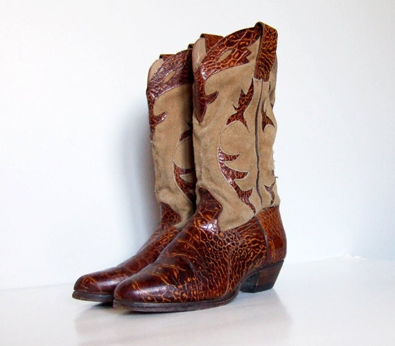 Vintage Cowboy Boots, Beige Suede Leather Snakesk… - image 2