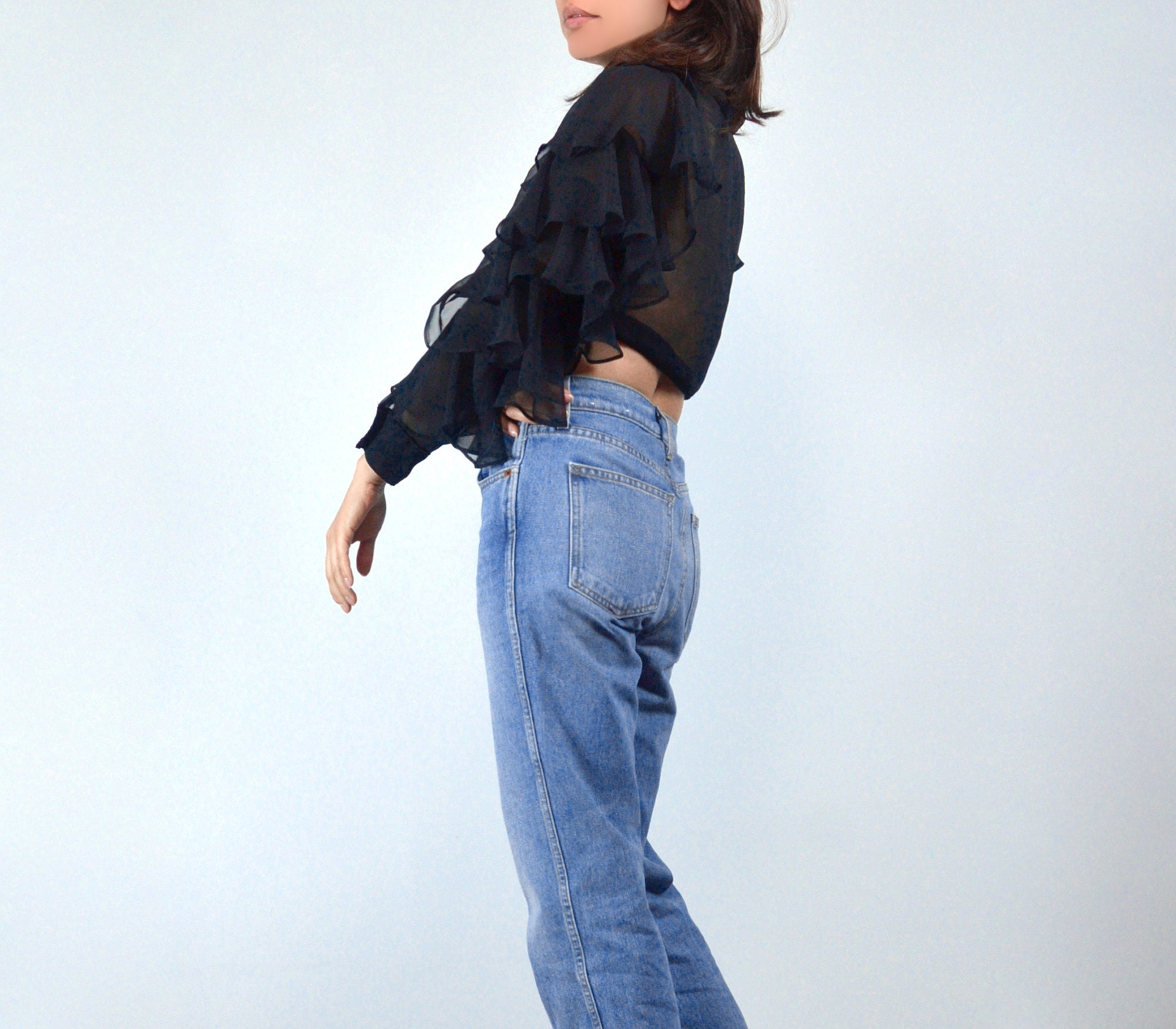Sheer Ruffle Sleeve Blouse, S to M | Tie Front Crop Top - Etsy