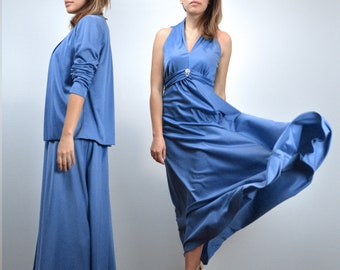 1970s Vintage Dress, 70s Womens Long Blue Maxi Dress and Jacket Set - M