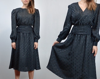 Black Polka Dot Dress, Long Sleeve Goth Halloween Dress, Puff Sleeve 80s Dress - Small S