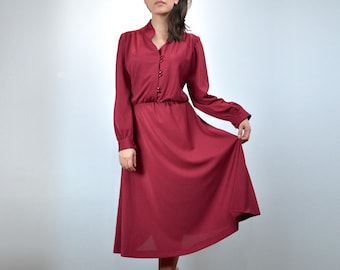 Vintage Cranberry Dress, 70s Long Sleeve Secretary Dress - Medium