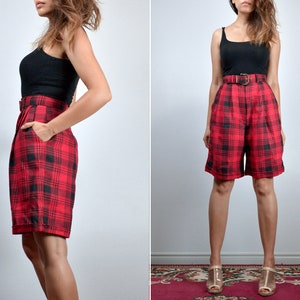 High Waisted Shorts, Vintage 80s Long Plaid Shorts for Women Extra Small XS image 2