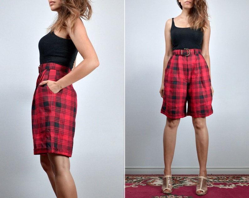 High Waisted Shorts, Vintage 80s Long Plaid Shorts for Women Extra Small XS image 2