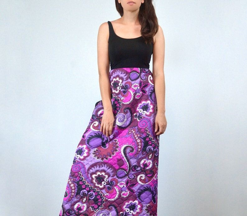 1960s 70s Quilted Maxi Skirt, M Vintage Psychedelic Retro Purple & Pink Long Skirt image 1