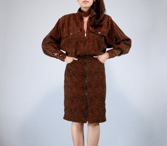 Vintage 80s Corduroy Leopard Print Dress with Pockets, S