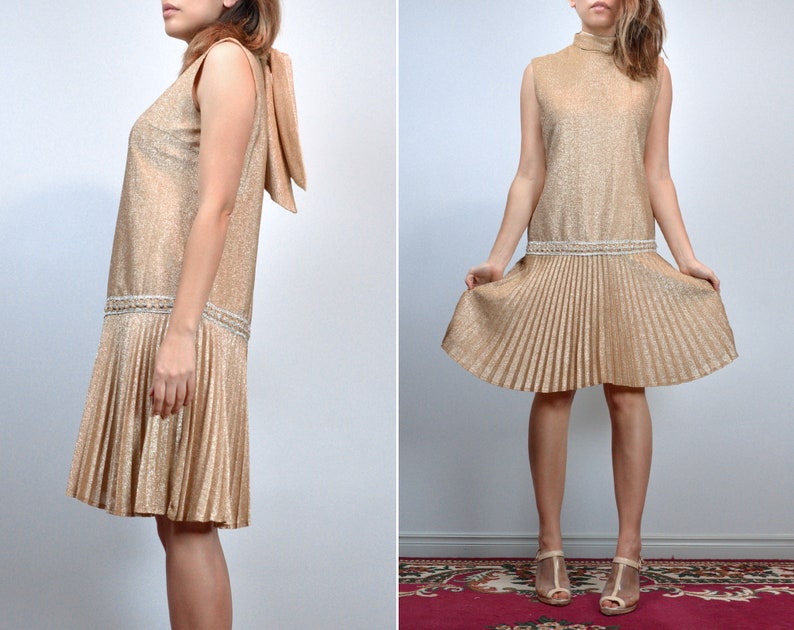 L 1970s Gold Metallic Drop Waist Dress