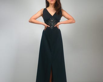 Vintage 70s Embellished Sequin & Rhinestone Dress, Black Strappy Back Maxi, XS to S