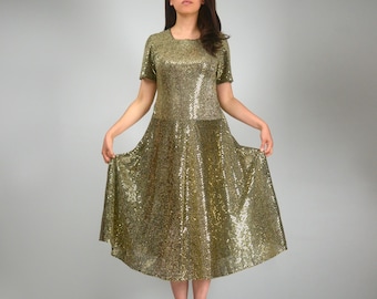 Gold Sequin Dress, Vintage Short Sleeve Midi Skirt Party Wear, M