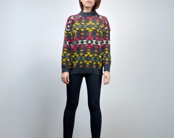 80s Knit Sweater, S to L | Unisex Geometric Patterned Pullover, Cozy Retro Grandpa Sweater