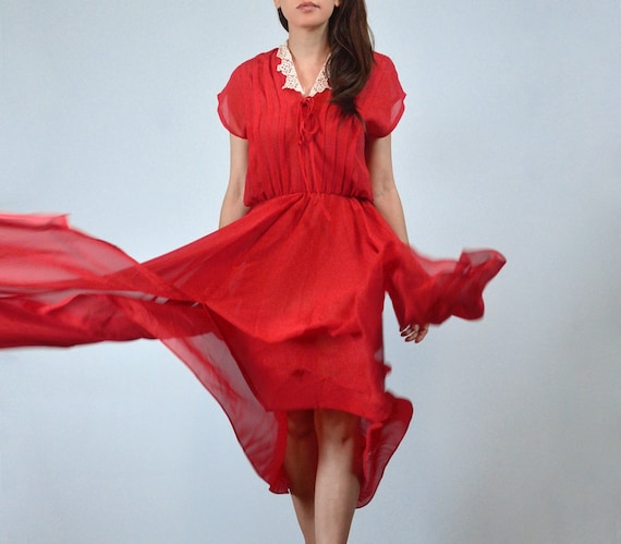 Vintage 80s Sheer Red Dress with Lace Collar, M to L