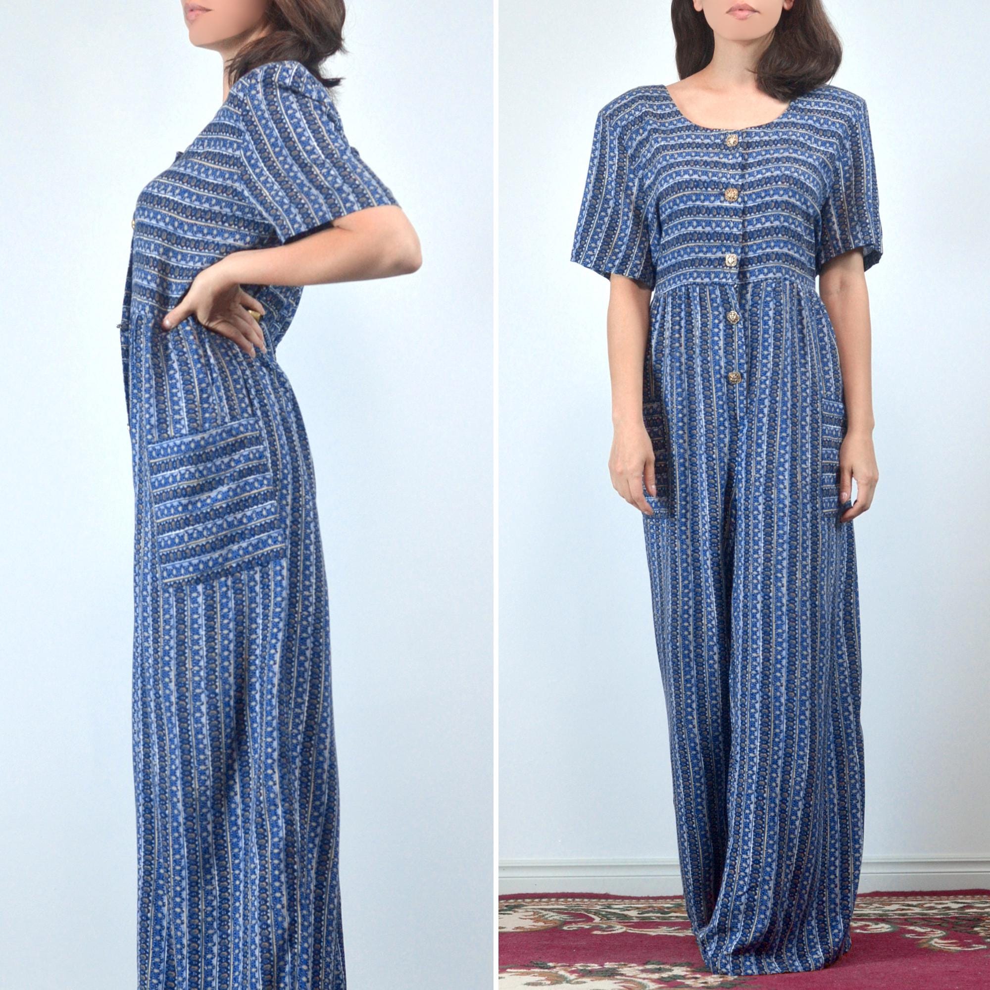 Vintage 90s Wide Leg Jumpsuit, L | One Piece Button Front Playsuit