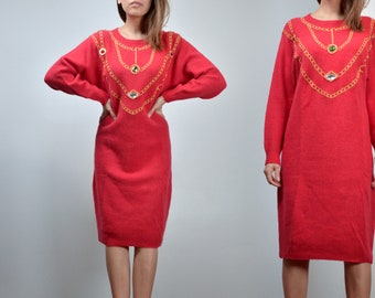 80s Red Sweater Dress, M to L | Vintage Metallic Chain Jewelled Knit Sweaterdress, Medium to Large