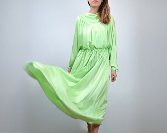 Vintage 70s Green Maxi Gown, Split Sleeve Polyester Dress, XS to S