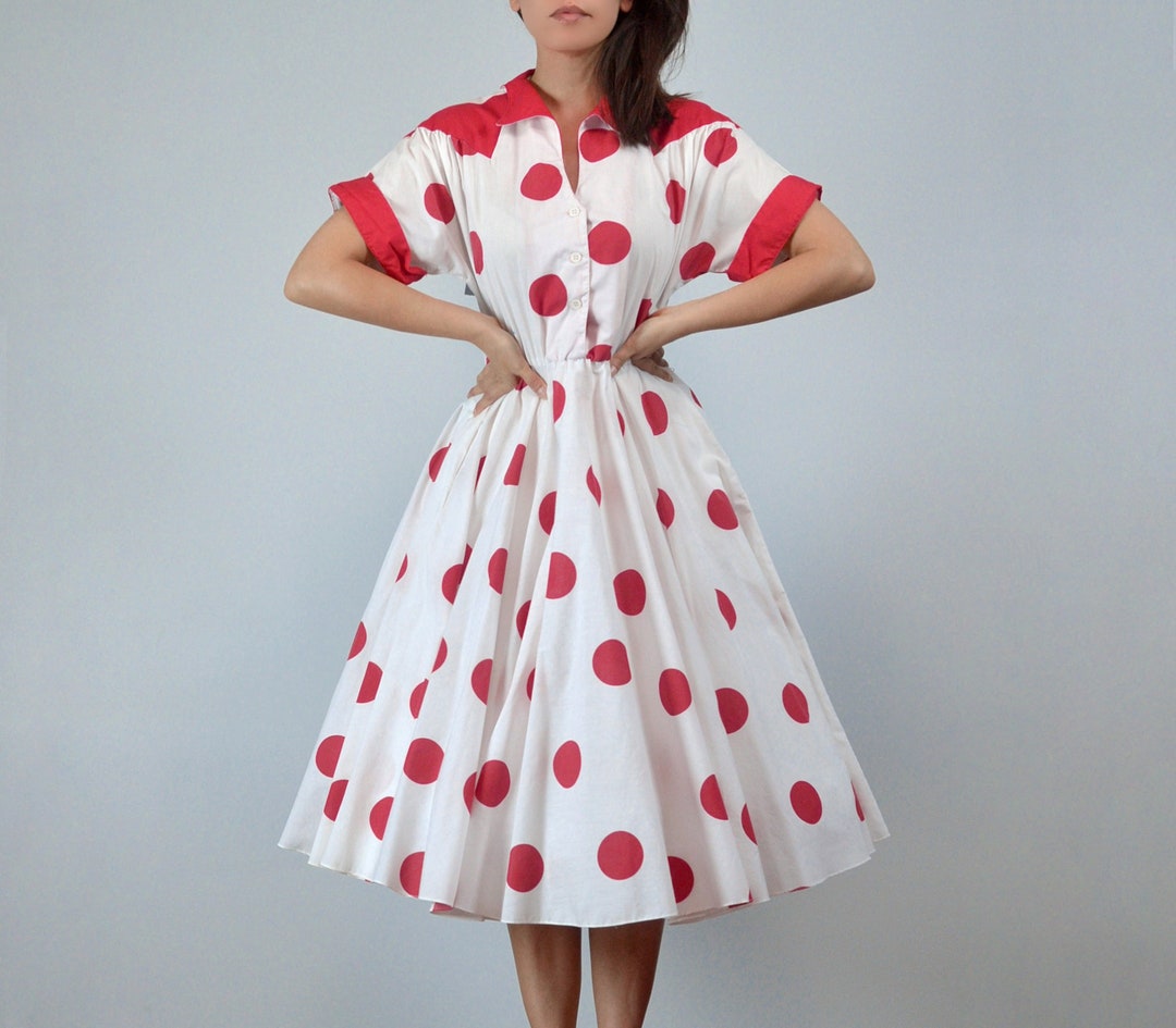 70s 80s Polka Dot Swing Dress, M | Vintage Red & White Pin Up Rockabilly Circle Skirt with Pockets