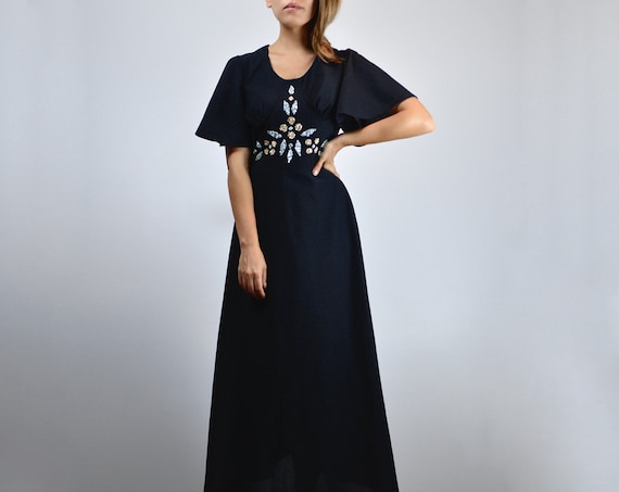 Vintage 70s Black Maxi Dress, S | Flutter Sleeve Formal Gown
