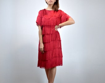 Vintage Red Fringed Flapper Dress, L
