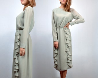70s Sage Dress, Vintage Long Sleeve Pastel Green Dress with Ruffles - Medium to Large M L
