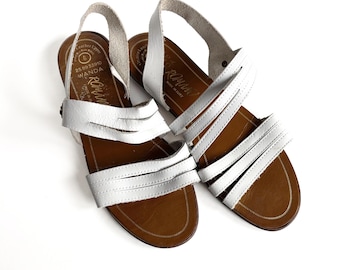 Vintage White Leather Sandals, sz 6 | Strappy Slingback Flats, Minimalist Summer Shoes