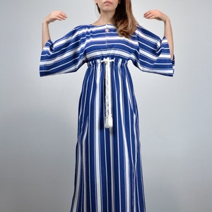 70s Retro Maxi Dress - Small to Medium | Vintage Striped Beach Coverup, 1970s Empire Waist Loungewear, Navy and White Dress with Pockets S M