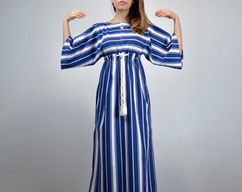 70s Retro Maxi Dress - Small to Medium | Vintage Striped Beach Coverup, 1970s Empire Waist Loungewear, Navy and White Dress with Pockets S M