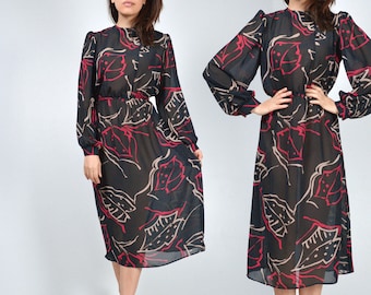 70s See Through Dress - Medium to Large M L | Vintage Long Sleeve Sheer Dress