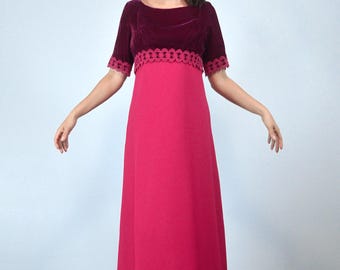 1960s Vintage Maxi Dress, Small | Long Magenta Velvet & Lace