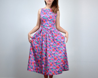 Floral Dress Pockets, Vintage Women 80s Midi Long Sundress, Criss Cross - Small S