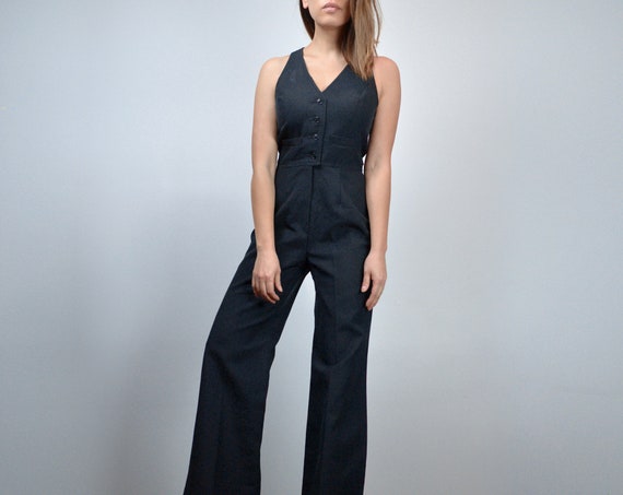 70s Black Jumpsuit, Womens Vintage V Neck Button … - image 3