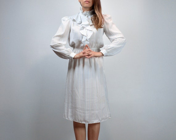 White Dress Vintage 70s Rainbow Striped 