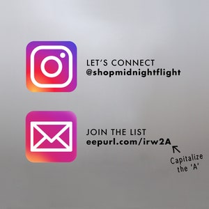 May include: Image with two social media icons. The top icon is a gradient square with a camera symbol, the text reads "LET'S CONNECT @shopmidnightflight". The bottom icon is a gradient square with an envelope symbol, the text reads "JOIN THE LIST eepurl.com/irw2A".