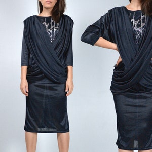 Vintage 80s Black & Silver Sparkly Draped Dress - Small S