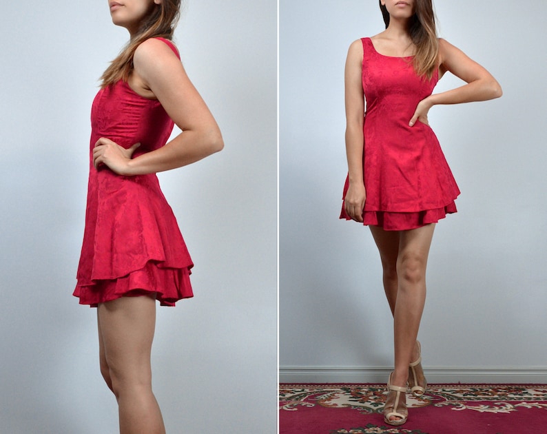 Red Mini Dress, Vintage 80s Party Dress, Womens Ruffle Micro Mini Extra Small XXS image 2