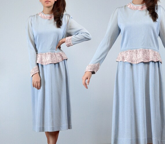 70s Knit Sweater Dress - Large | Pale Blue Long Sleeve Ribbon 