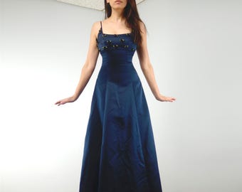 90s Y2K Navy Prom Dress, XXS | Blue Formal Evening Gown, Floral Party Dress