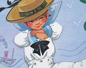 Little Boys Room Decor, Sailor Ocean Illustration, Big Eye Baby Boy Home Coming Gift