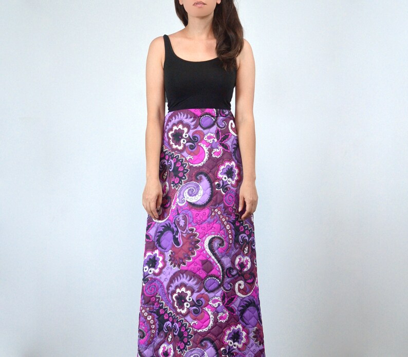 1960s 70s Quilted Maxi Skirt, M Vintage Psychedelic Retro Purple & Pink Long Skirt image 5
