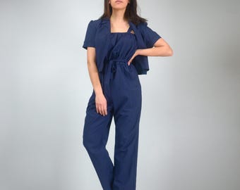 80s Navy Pinstripe Jumpsuit, M | Women's Full Length Jumpsuit with Tie Belt & Matching Jacket
