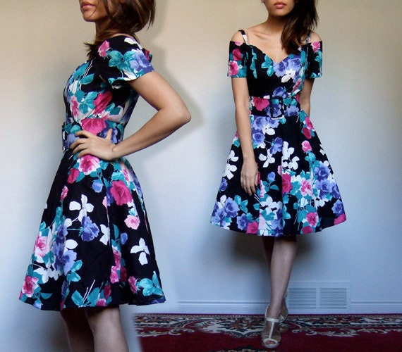 80s Floral Sweetheart Sundress, Off the Shoulder F