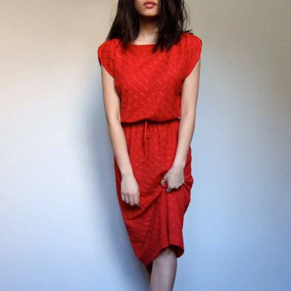 Red Sun Dress Diagonal Striped Casual Knee Length 70s Summer Dress - Small S
