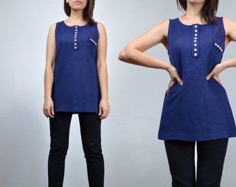 60s Blue Sleeveless Mod Tank Top, M
