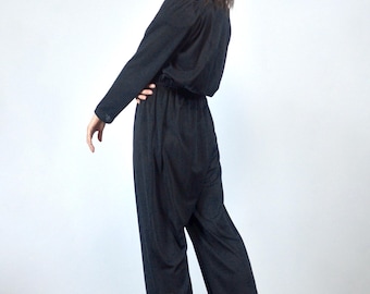 80s Black Jumpsuit with Beaded Shoulders, L