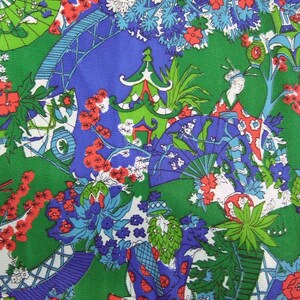 May include: A colourful fabric with a Japanese-inspired design. The pattern includes pagodas, fans, and figures in traditional dress, set against a backdrop of green, blue, red, and white. The overall aesthetic is reminiscent of vintage textiles.