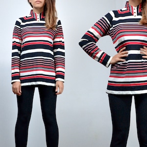 1960s Mod Striped Long Sleeve Top, M to L | Red White Black Pull Over