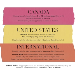 May include: Image with text on three colorful rectangular backgrounds. The top background is pink and says "CANADA". The middle background is yellow and says "UNITED STATES". The bottom background is orange and says "INTERNATIONAL".