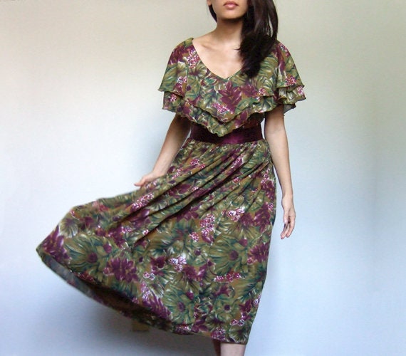 Midi Dress Women, Vintage 80s Floral Print Dress,… - image 3