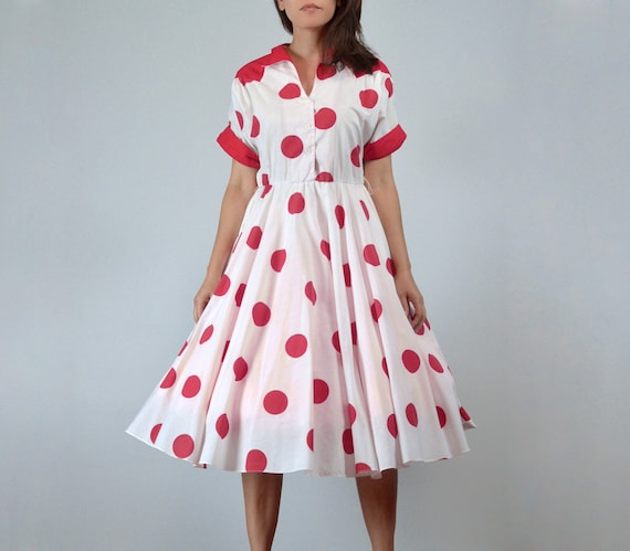 70s 80s Polka Dot Swing Dress, Medium | Vintage R… - image 5