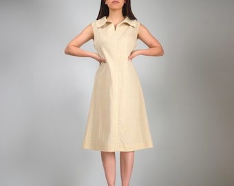 Vintage Beige Sleeveless Collared A-Line Dress, M to L