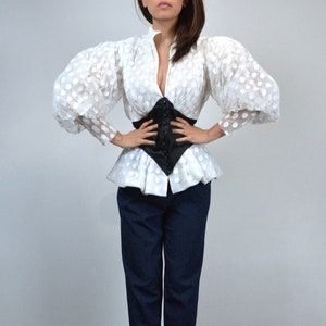 80s White Puff Sleeve Blouse,M | Vintage Polka Dot Balloon Sleeve Corset Top